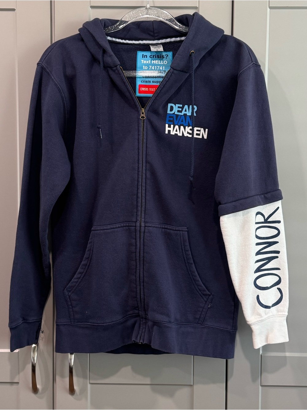 Dear Evan Hansen Navy Zip-Up Hoodie with White Accent Sleeve - Connor